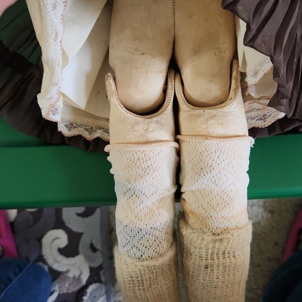Vintage Bisque Doll W/jointed Leather Torso/thighs, Knit Socks And Vintage Dress - Picture 6 of 10